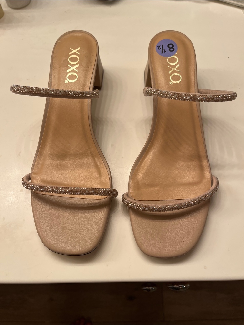 XOXO Blush Beaded Double-Strap Block Heel Women’s Sandals Size 8.5